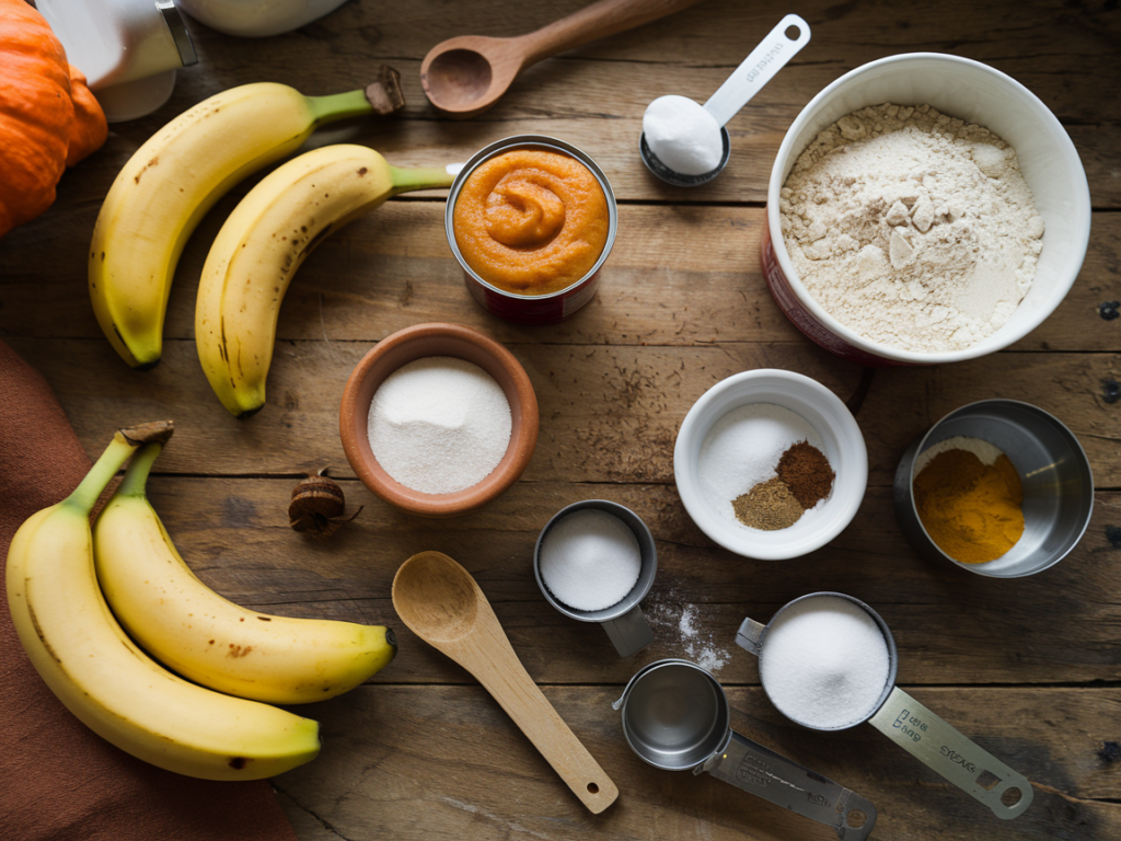 Ingredients for banana pumpkin muffins, including ripe bananas, pumpkin puree, flour, sugar, and spices, on a rustic wooden table.