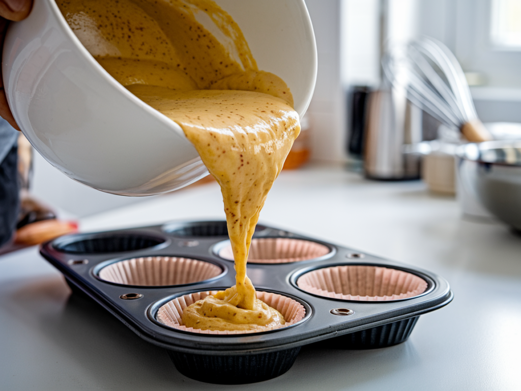 Banana pumpkin muffin batter being poured into a muffin tin with paper liners, ready for baking.