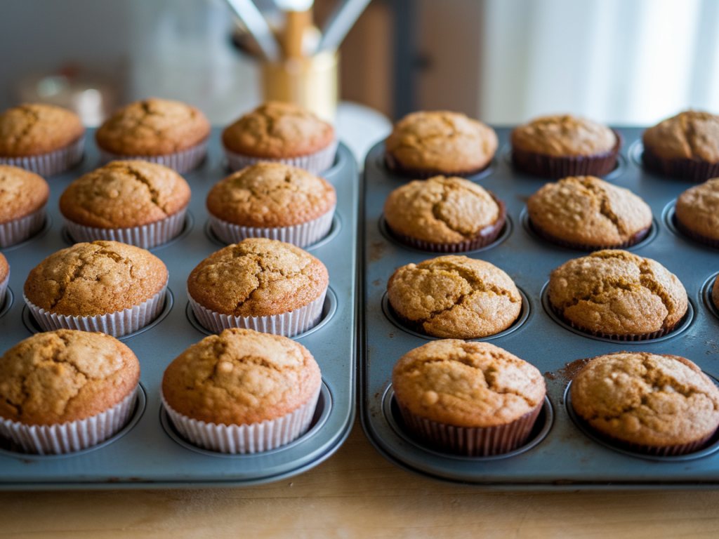 A comparison of banana pumpkin muffins: one tray with perfectly risen muffins and another with sunken tops and uneven textures.