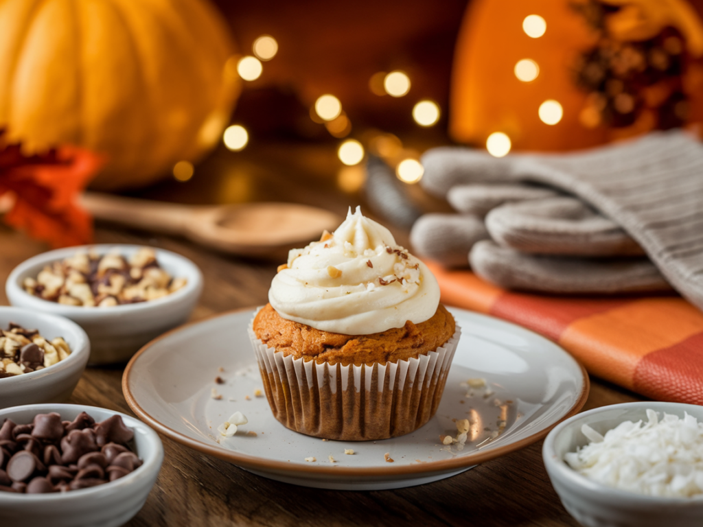 Banana pumpkin muffin with cream cheese frosting, surrounded by bowls of toppings like nuts and chocolate chips, styled with fall decor