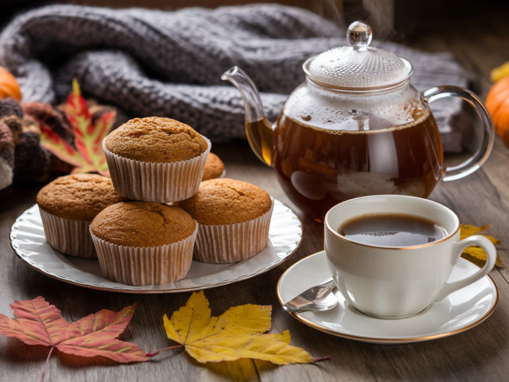 Banana pumpkin muffins served with coffee and chai tea, styled with fall leaves and a cozy seasonal setting.