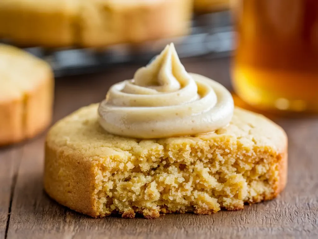 Close-up view of Crumbl's Cornbread Cookie with honey buttercream frosting