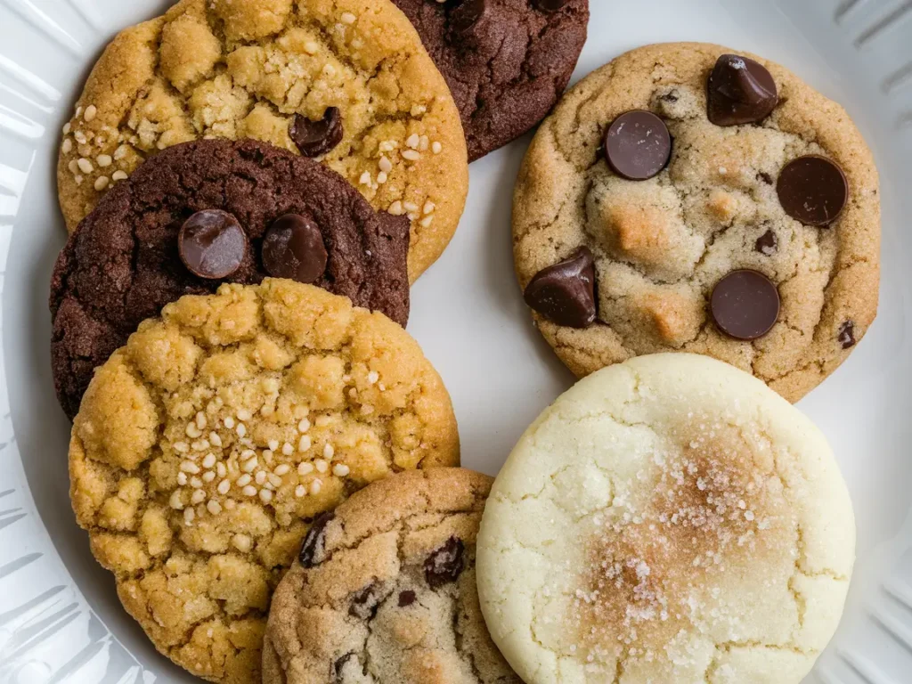 Assorted Crumbl cookies, including Cornbread Cookie, Chocolate Chip, and Chilled Sugar Cookie