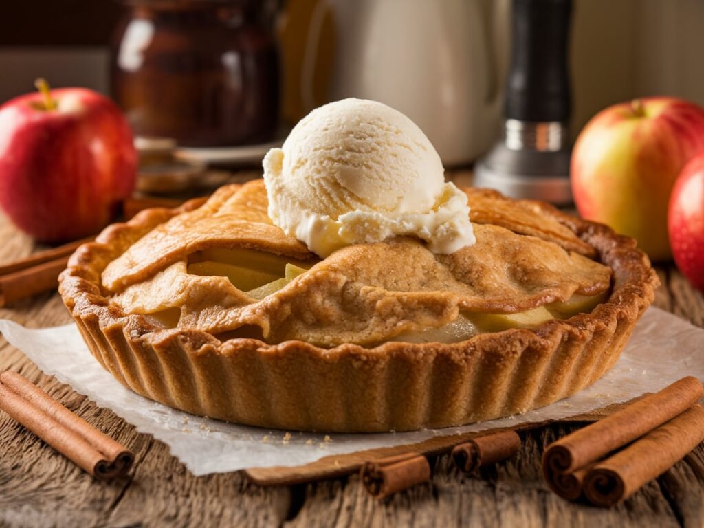 A warm apple pie topped with vanilla ice cream on a rustic wooden table.