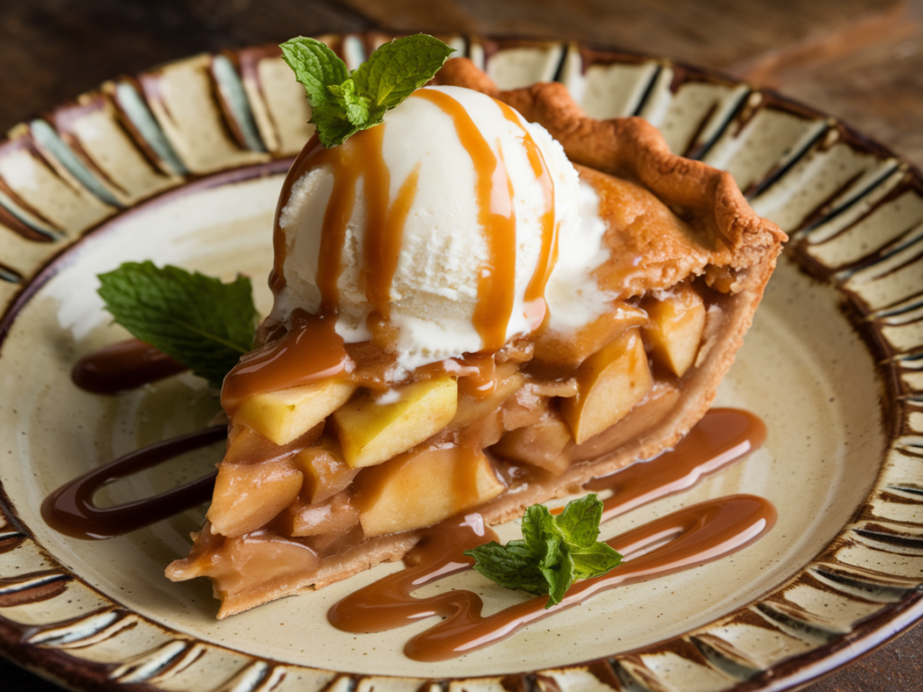 A warm slice of apple pie topped with vanilla ice cream and caramel drizzle.