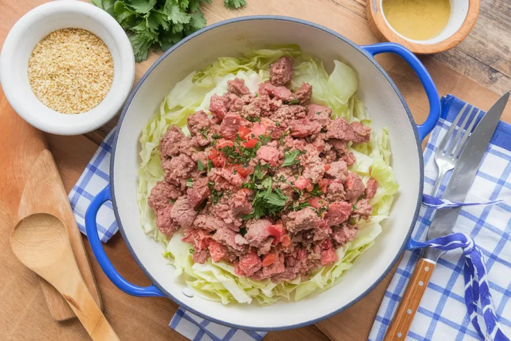 Skillet with ground beef and cabbage stir-fry garnished with sesame seeds