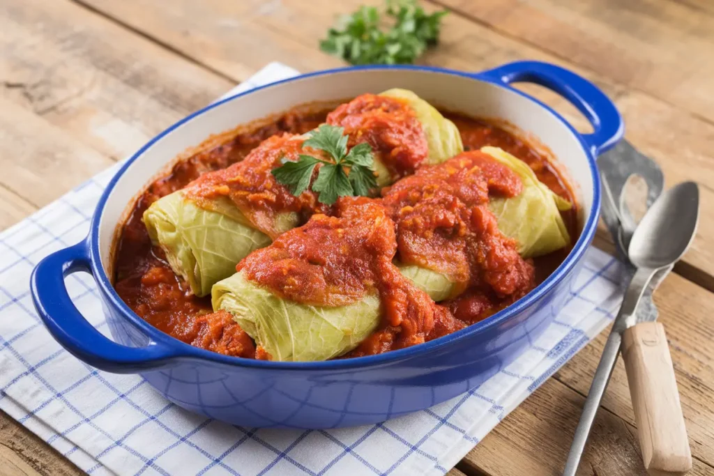 Baked stuffed cabbage rolls topped with parsley and tomato sauce in a casserole dish