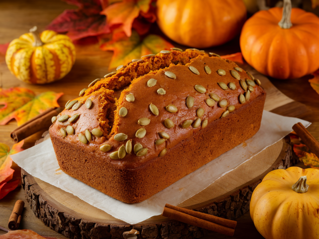 A golden loaf of gluten-free pumpkin bread on a wooden cutting board with autumn-themed decorations.