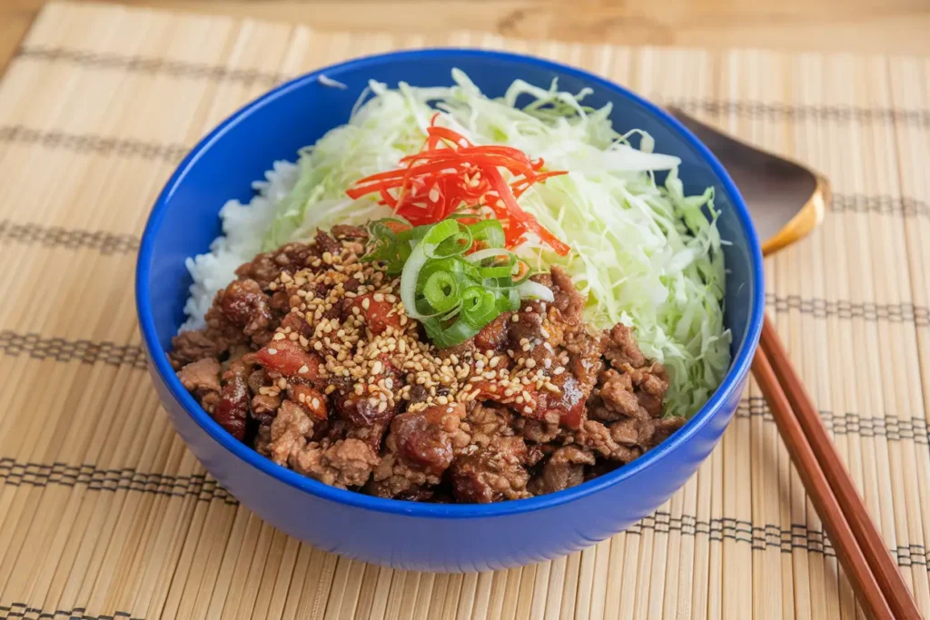 Ground beef bulgogi bowl with shredded cabbage, rice, and sesame seeds