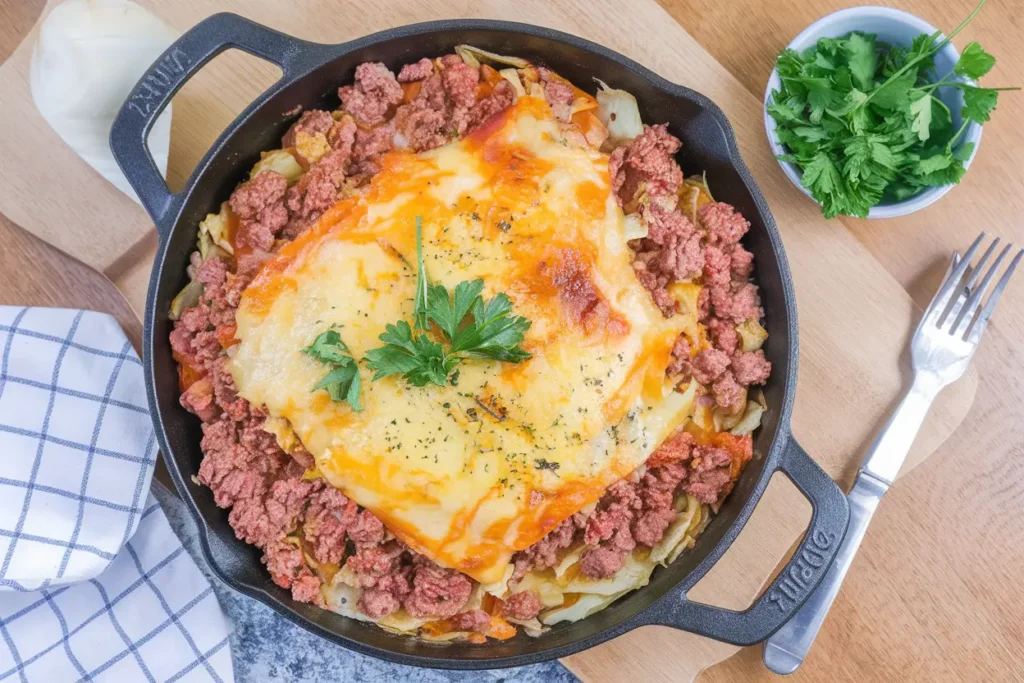 Keto-friendly ground beef and cabbage skillet topped with melted cheese