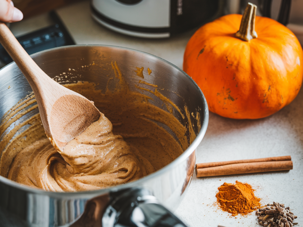 A wooden spoon stirring gluten-free pumpkin bread batter in a mixing bowl