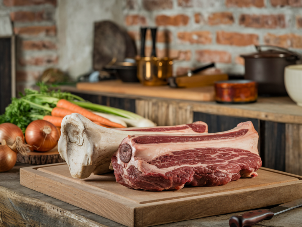 Raw beef bones on a cutting board with vegetables.