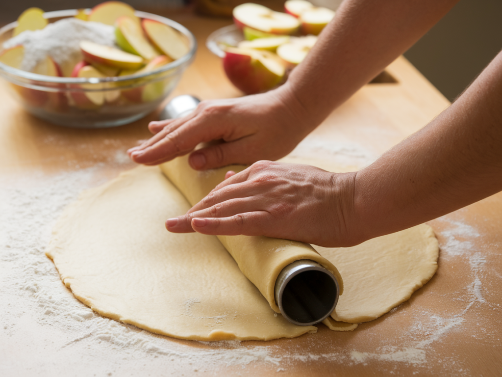 Hands rolling pie dough on a floured surface with apple filling in the background