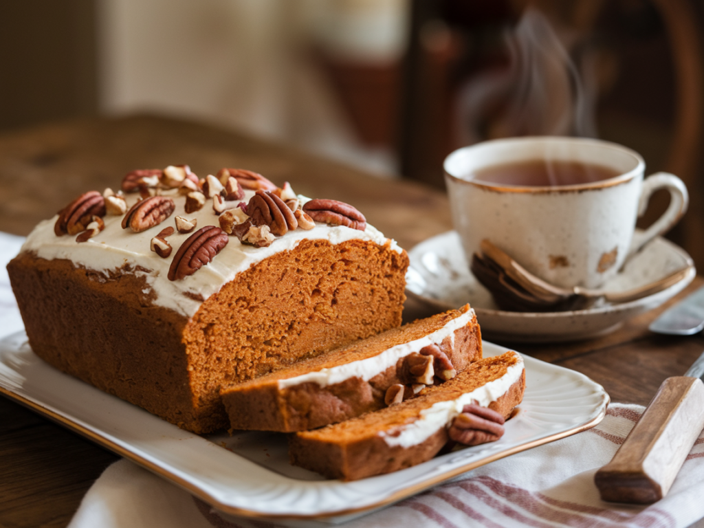 Slices of gluten-free pumpkin bread topped with cream cheese and pecans, served with tea.