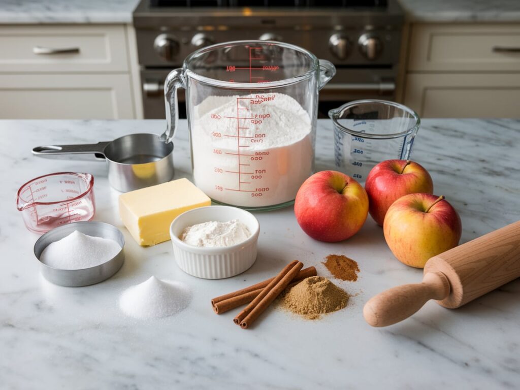 Baking ingredients for apple pie: flour, butter, apples, cinnamon, sugar, and nutmeg.