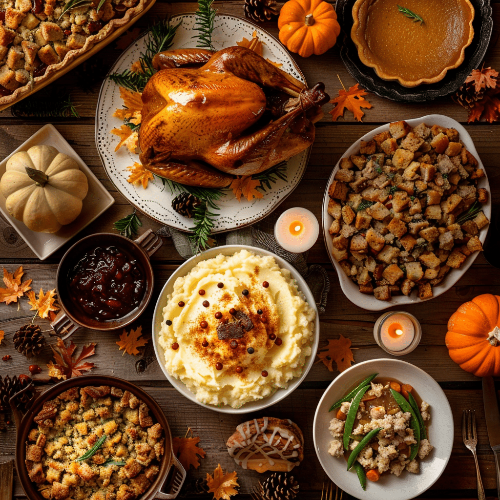 Full Thanksgiving dinner table with turkey, sides, and pie