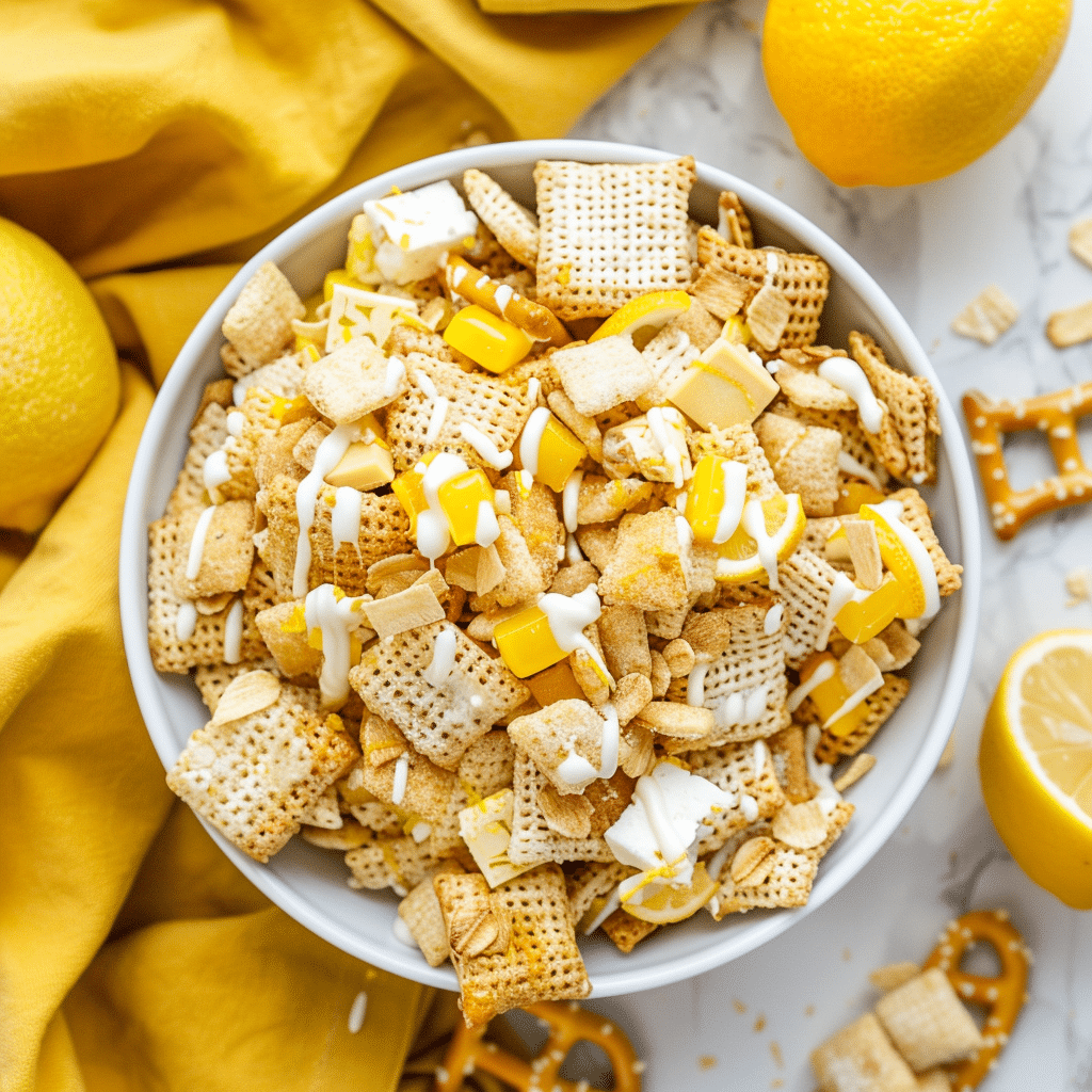 Bright lemony snack mix with cereal, pretzels, and candies
