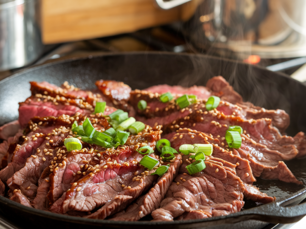 Thinly sliced bulgogi beef sizzling in a skillet with sesame seeds and green onions.