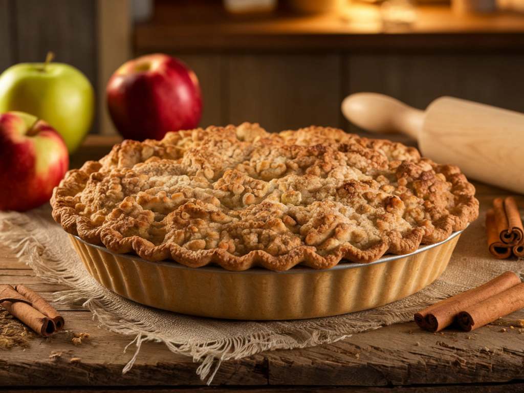 A beautifully baked French Apple Pie with crumb topping on a rustic wooden table.