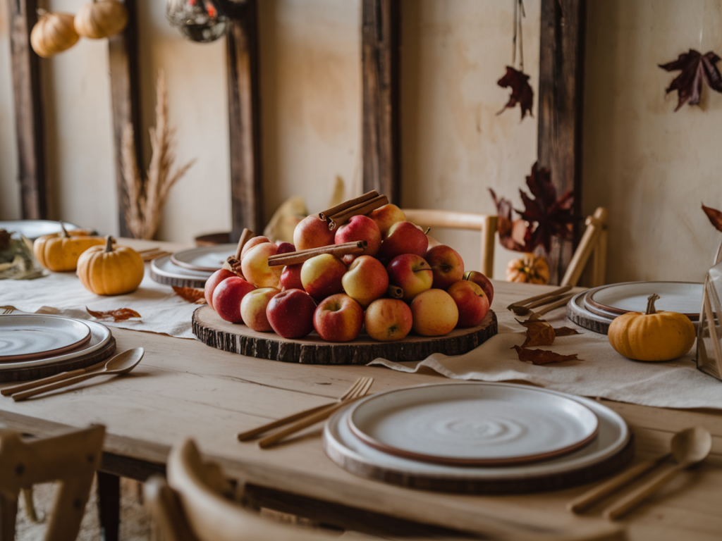 Fresh apples and cinnamon sticks on a wooden table, symbolizing a cozy autumn vibe.