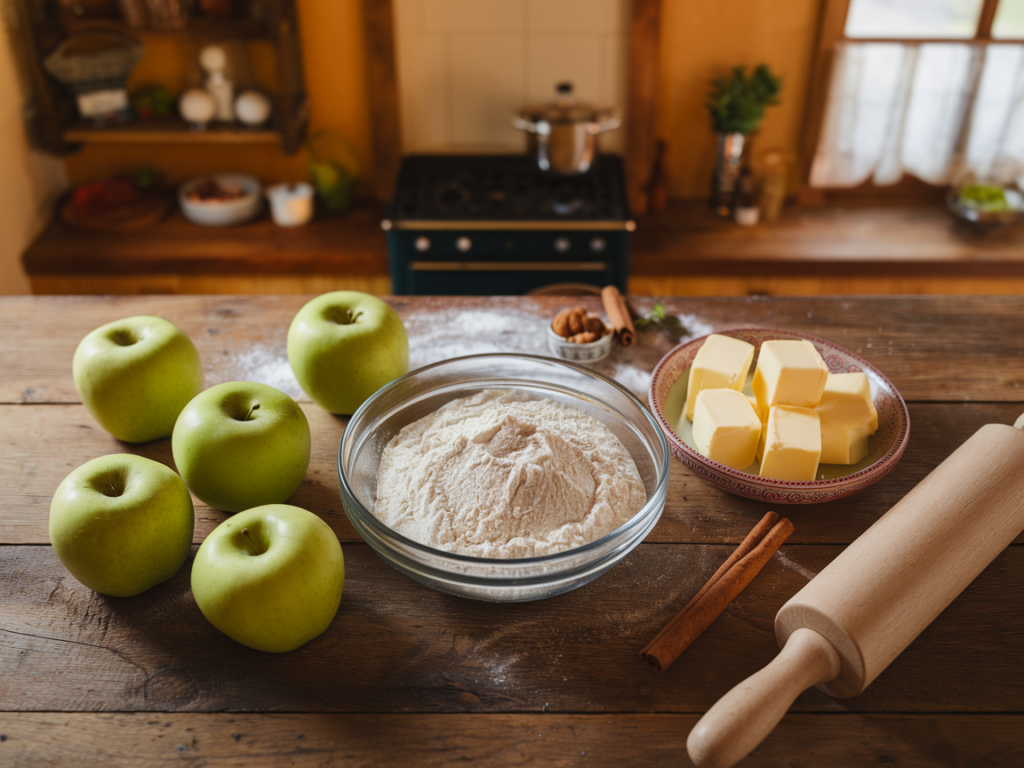 Fresh apples, flour, butter, and cinnamon on a wooden table.