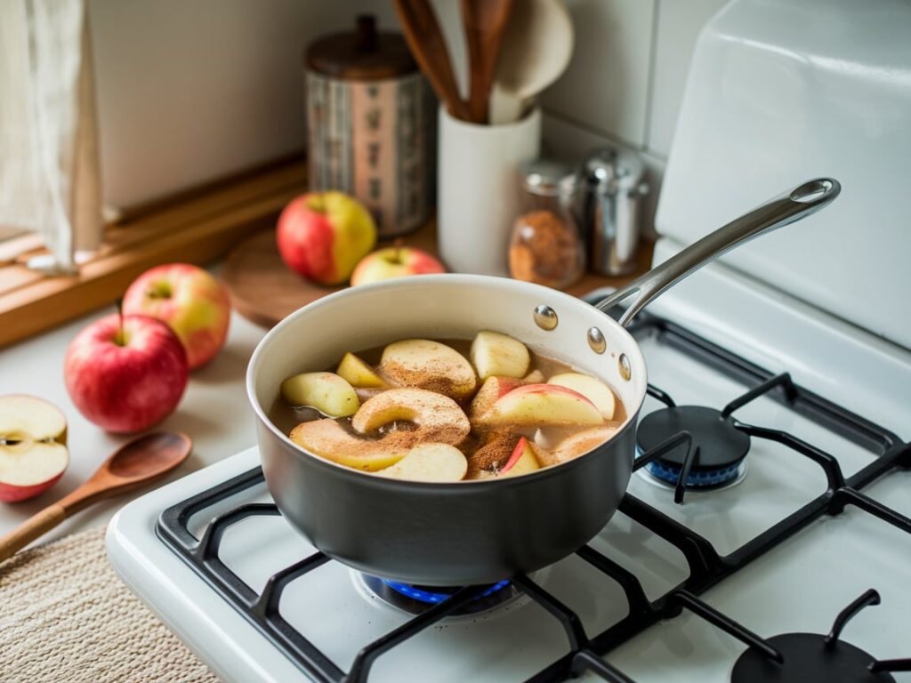 Apples simmering with cinnamon and spices on a stovetop.