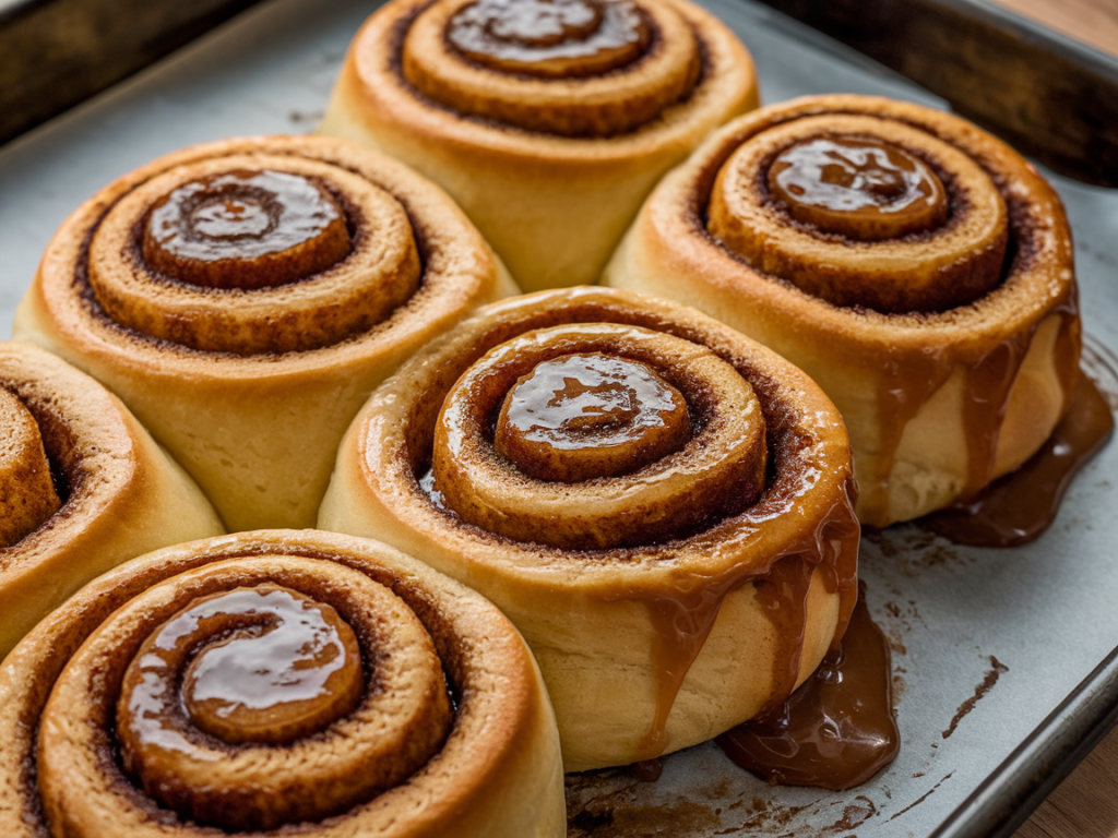 Freshly baked cinnamon rolls with gooey fillings, golden-brown and ready to serve.