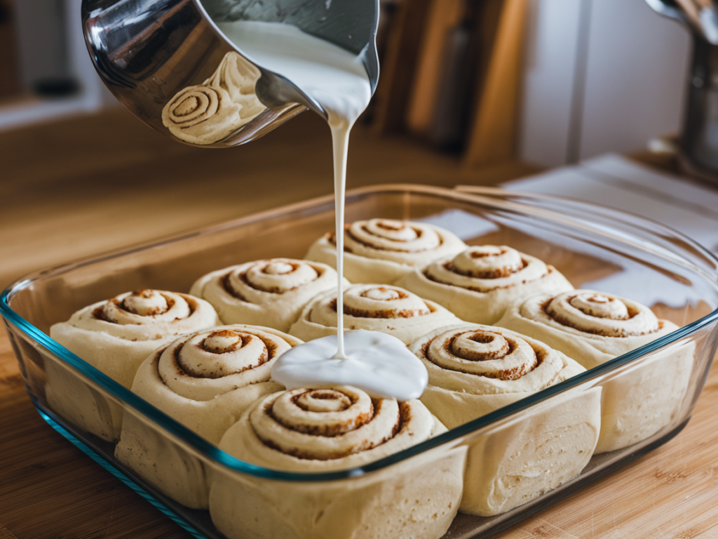 Unbaked cinnamon rolls in a baking dish with heavy cream being poured over them.