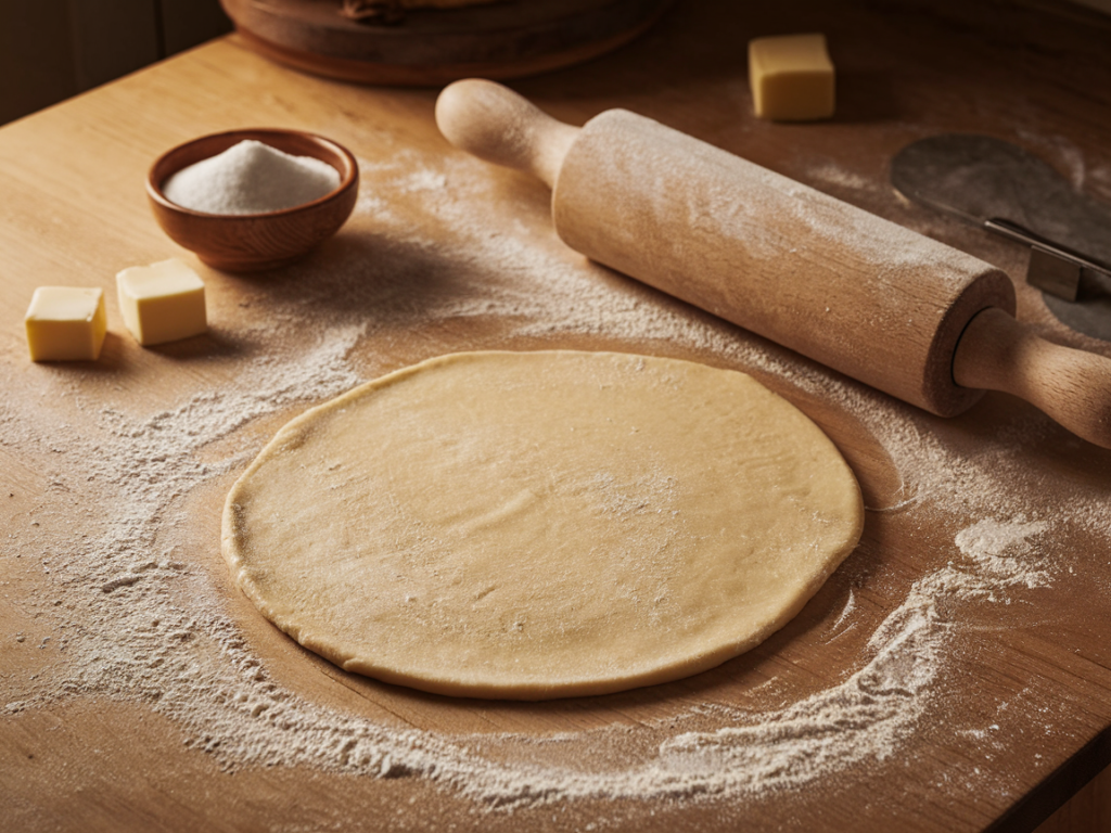 Rolling out dough for a French rustic apple pie on a floured countertop.