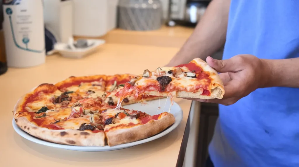 A hand holding a slice of 10-inch pizza, showcasing its size compared to a plate.