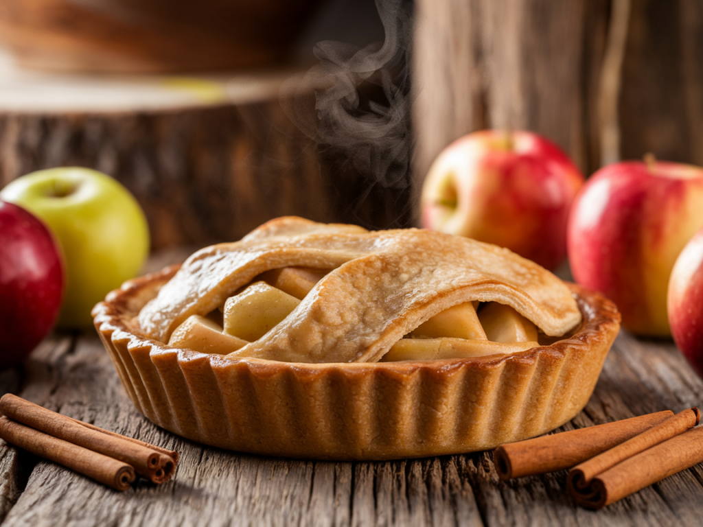 Gluten-free apple pie with a golden crust and fresh apples on a wooden table.
