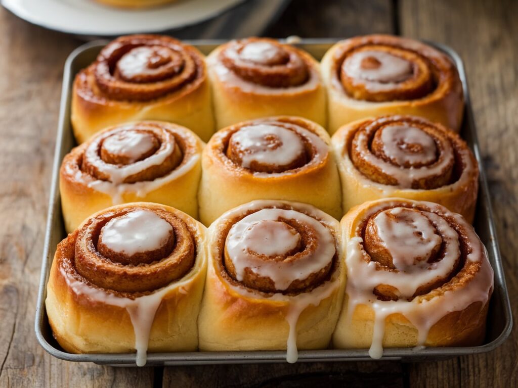 Freshly baked cinnamon rolls with golden-brown, caramelized edges and a glossy icing drizzle.