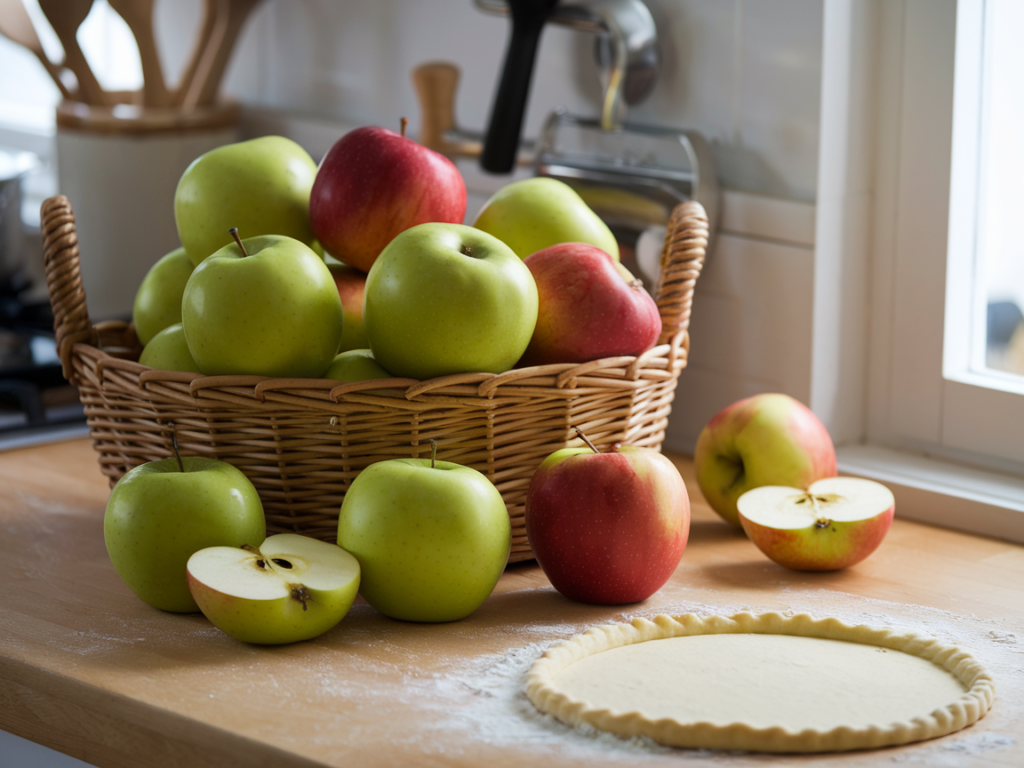 Granny Smith and Honeycrisp apples arranged on a kitchen counter with a pie crust nearby.