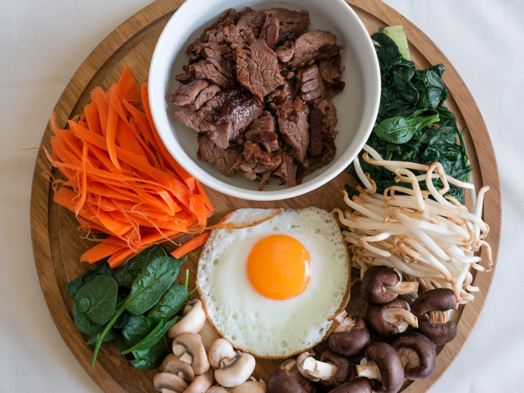 A variety of colorful bibimbap ingredients including vegetables, egg, and bulgogi beef on a wooden board.