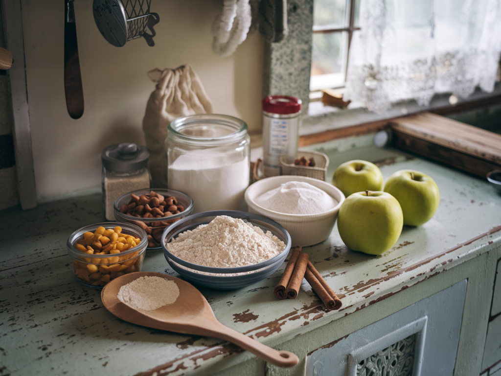 Gluten-free flour, apples, butter, sugar, and cinnamon on a kitchen counter.