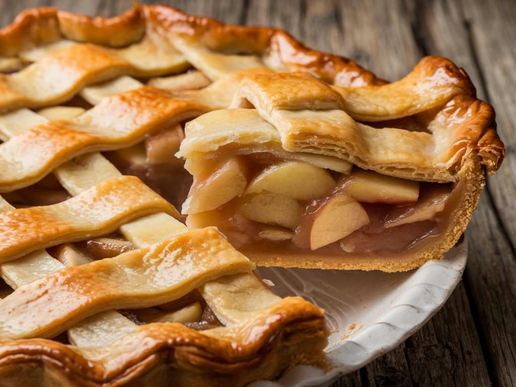 Golden-brown apple pie with a lattice crust and steam rising.