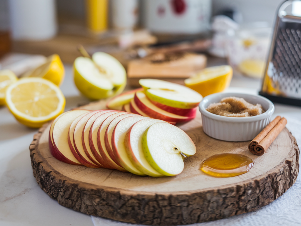  Thinly sliced apples with cinnamon, brown sugar, and honey on a cutting board.