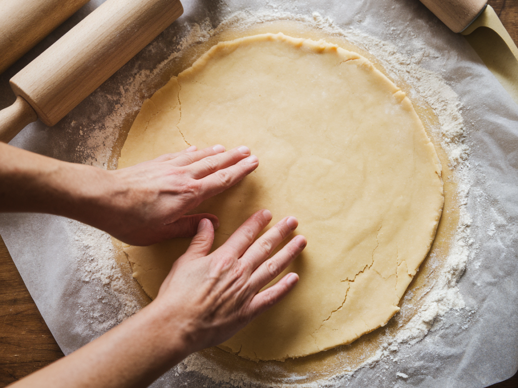 Hands rolling pie dough on a floured kitchen counter.