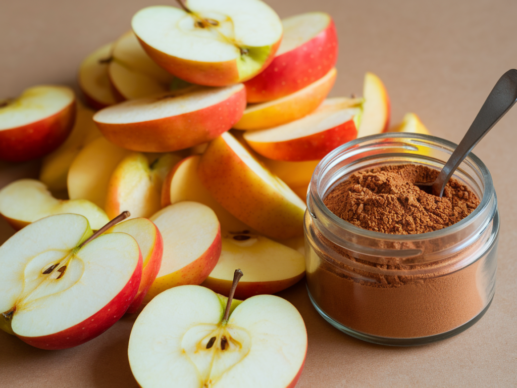 Sliced apples next to a jar of ground cinnamon, showcasing their contrasting textures and colors.