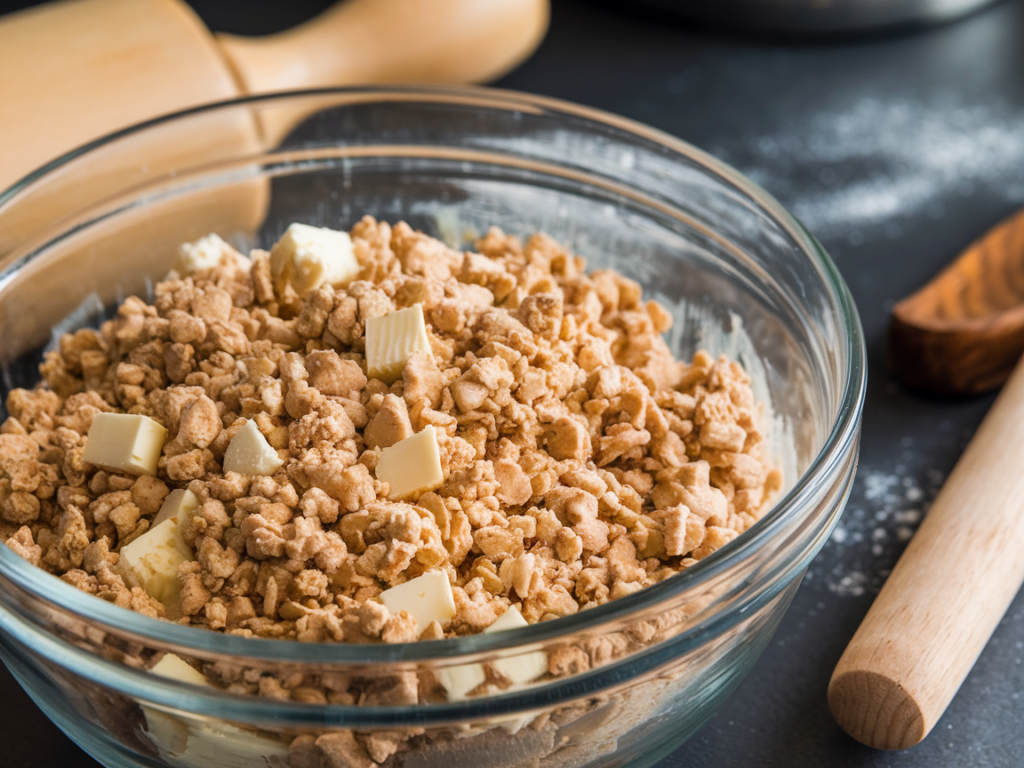 A bowl of crumb topping made with flour, sugar, and butter on a kitchen countertop.