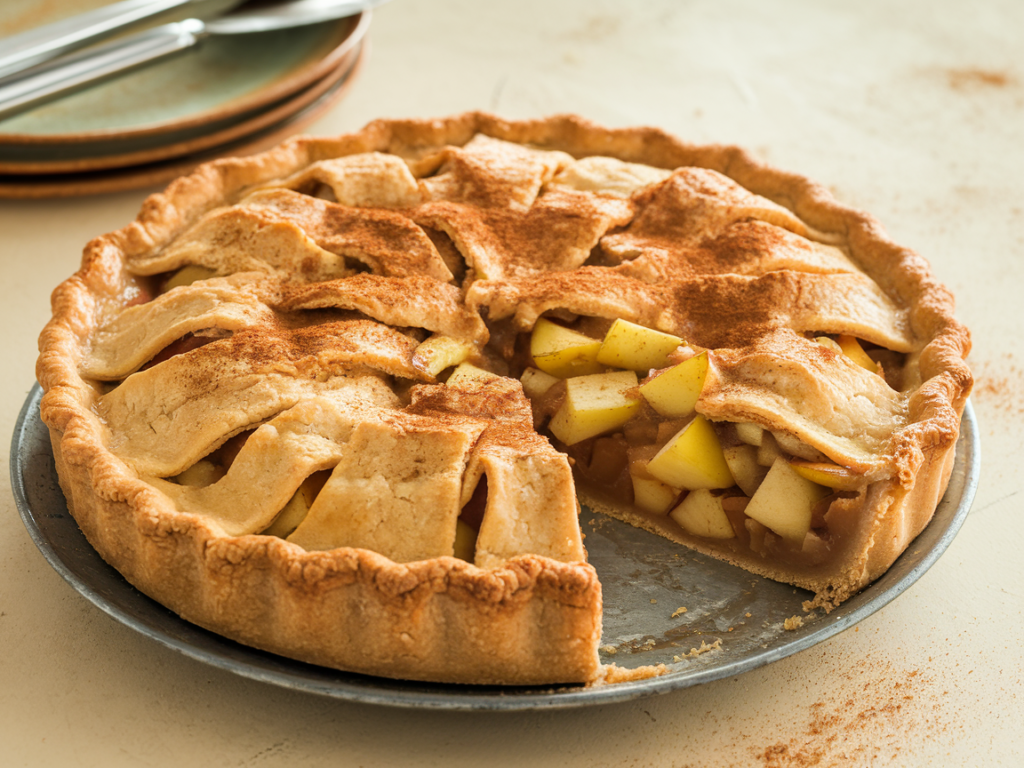 A homemade apple pie with cinnamon sprinkled on top and a golden crust.