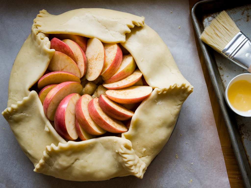 Unbaked French rustic apple pie with folded dough edges and spiced apple filling.
