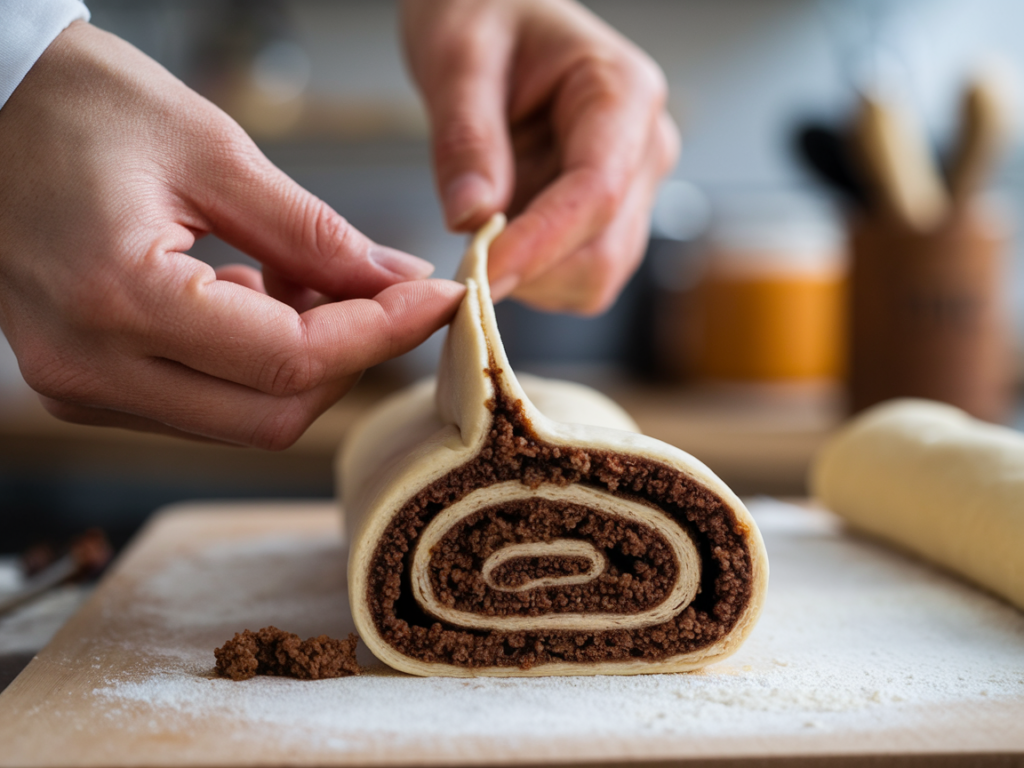 Close-up of a baker sealing the edge of rolled cinnamon dough to keep fillings in place during baking. Cinnamon Rolls with Gooey Filling