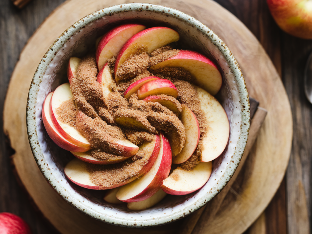 Fresh apple slices mixed with cinnamon, nutmeg, and sugar.