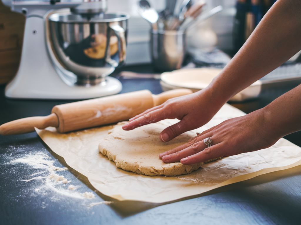 Hands rolling out gluten-free pie dough with a rolling pin on parchment paper."