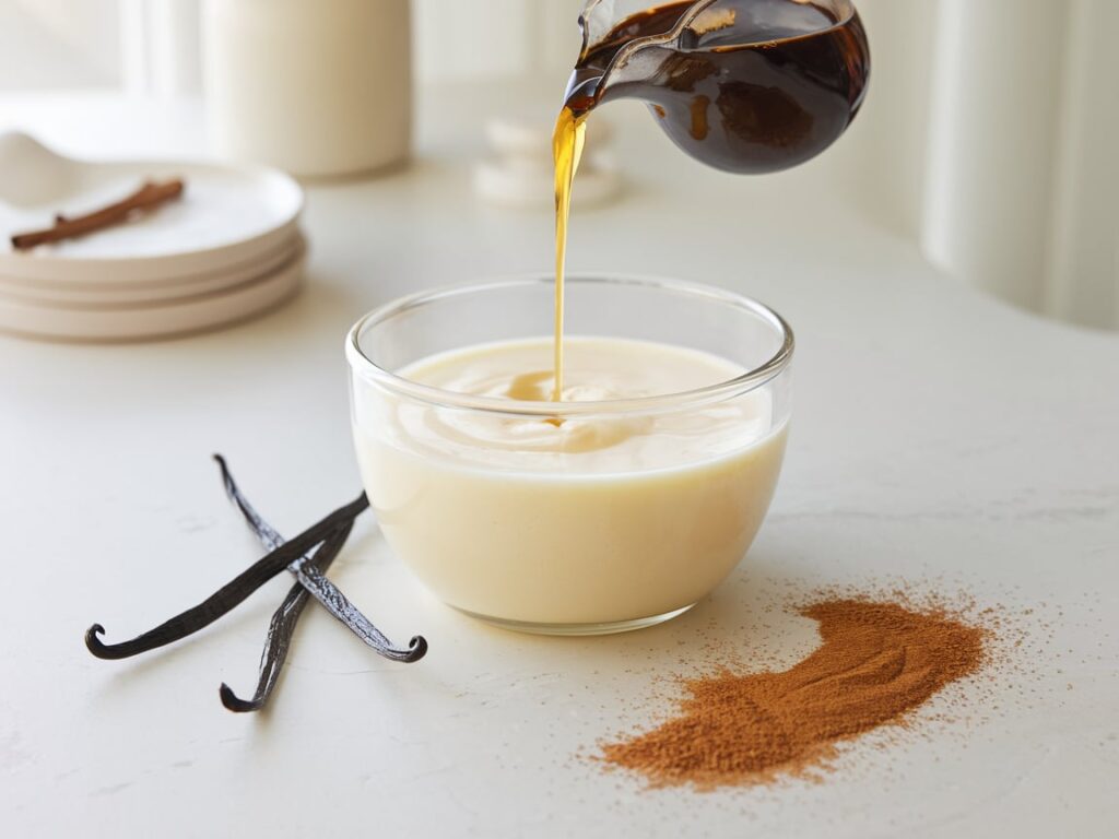  A bowl of cream with vanilla extract being mixed in, surrounded by vanilla pods and cinnamon sticks.