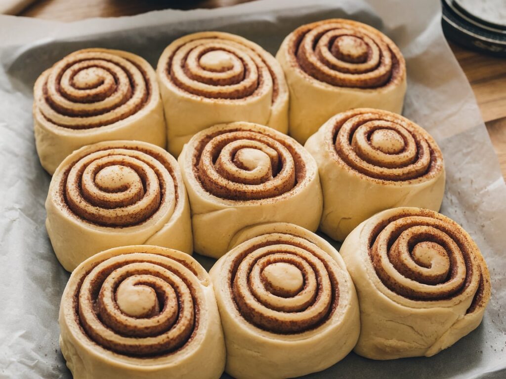 Unbaked cinnamon rolls placed evenly on a parchment-lined baking tray, showing perfect spirals.