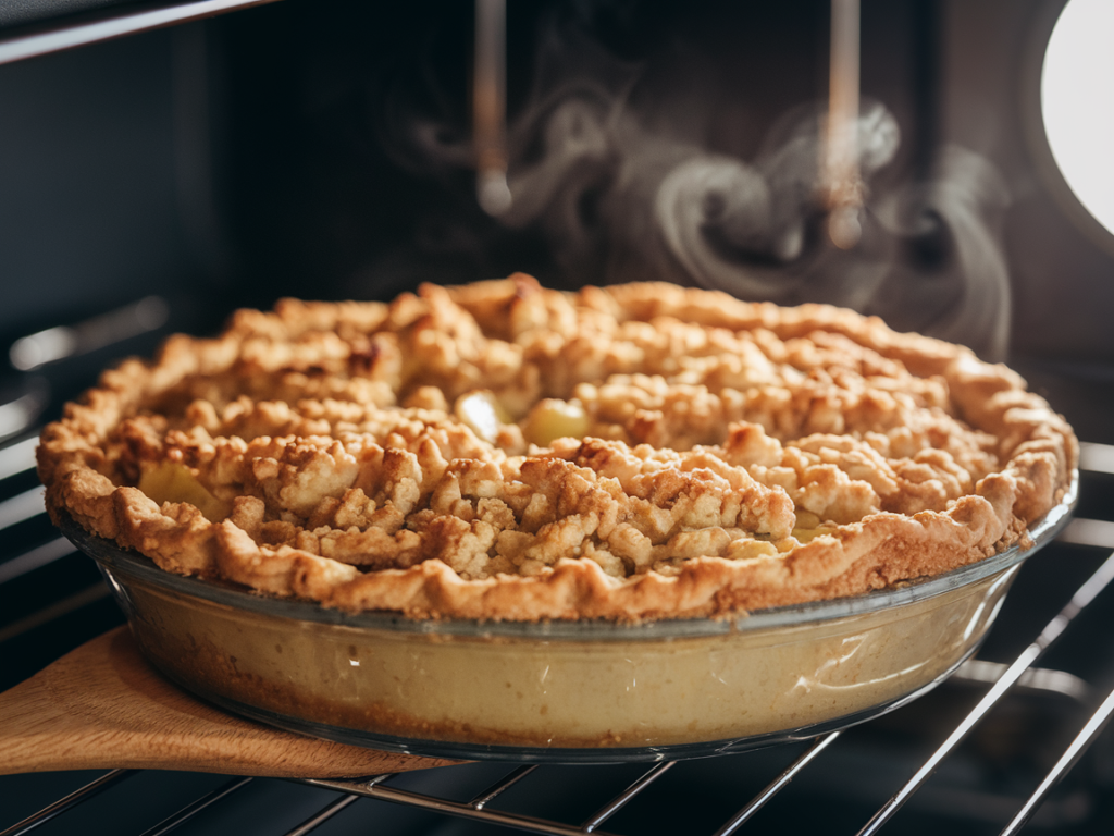 A French Apple Pie baking in the oven with golden crumb topping.