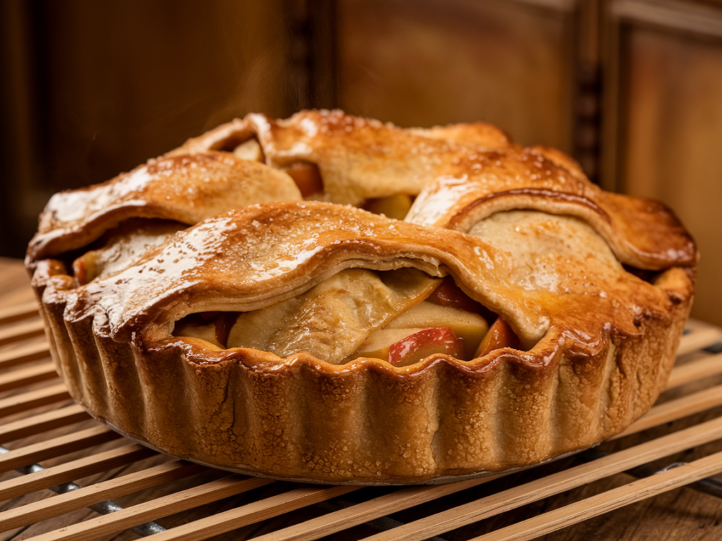 Golden-brown French rustic apple pie cooling on a wire rack.