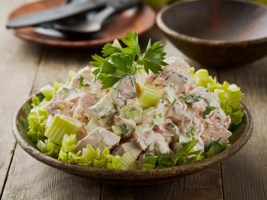 Fresh chicken salad with four ingredients served in a bowl, garnished with parsley.